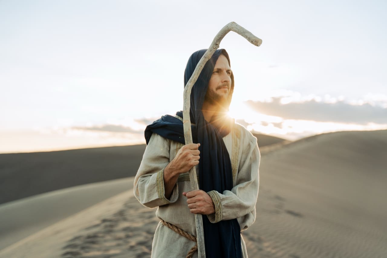 Actor in costume holding a staff at sunrise in the dunes